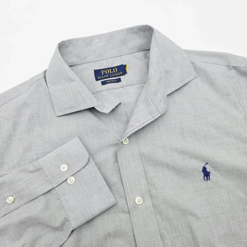 Polo Ralph Lauren Men's Medium Gray W/Black Dots Custom-Fit Oxford‎ Shirt Read